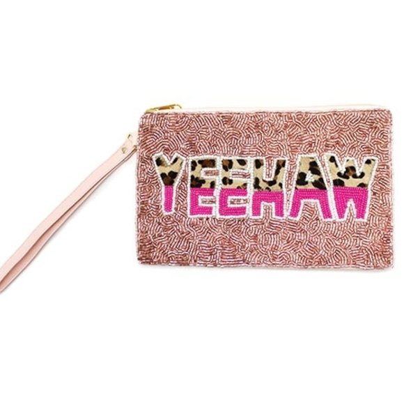 Beaded Yee Haw Cowgirl Western Pink Leopard Money Makeup Lipstick Wristlet Bag - Picture 3 of 4